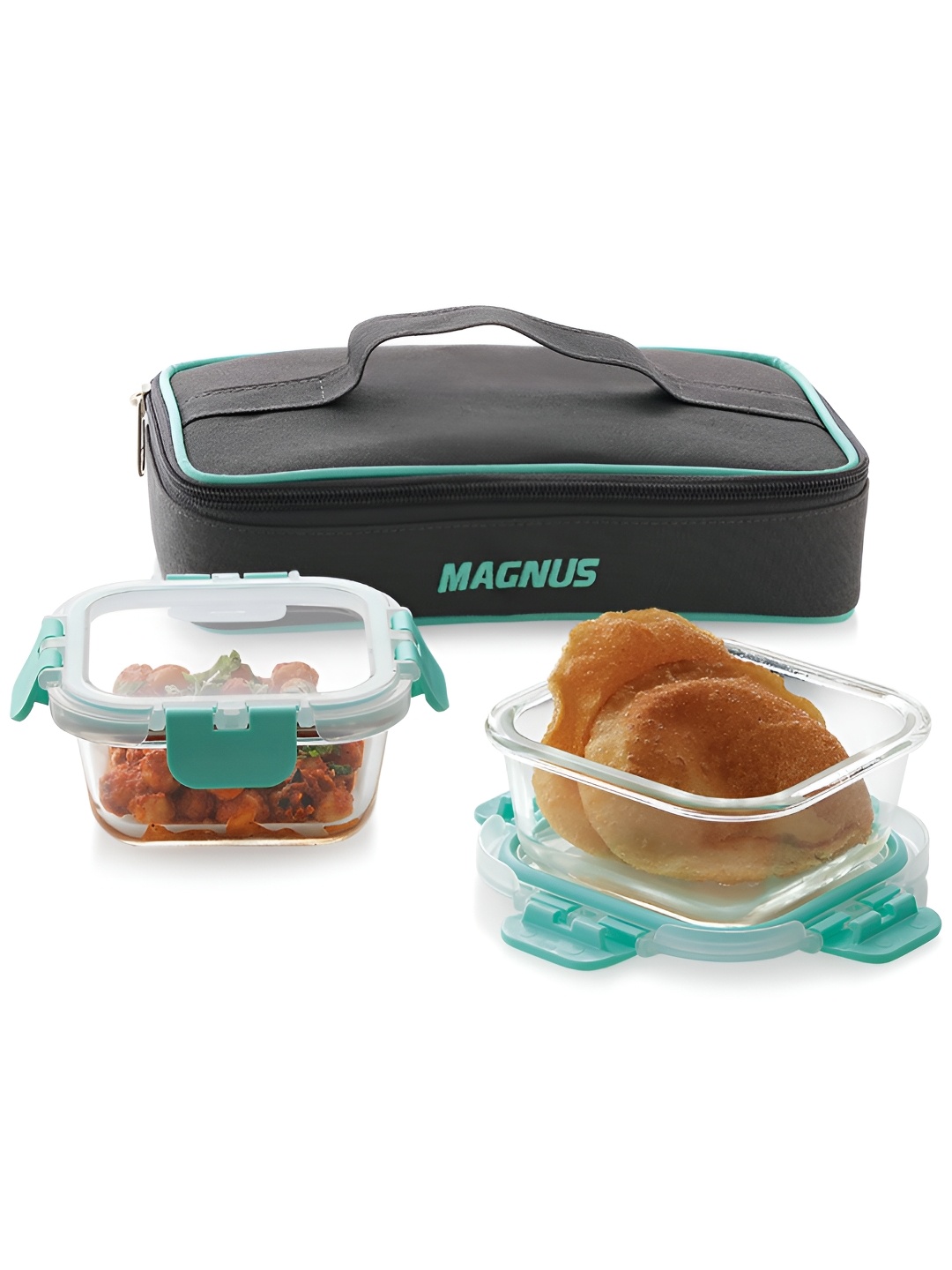 

Magnus Glock Solid 640ml Glass Lunch Box with 2 Square Borosilicate Containers & Pouch, Green