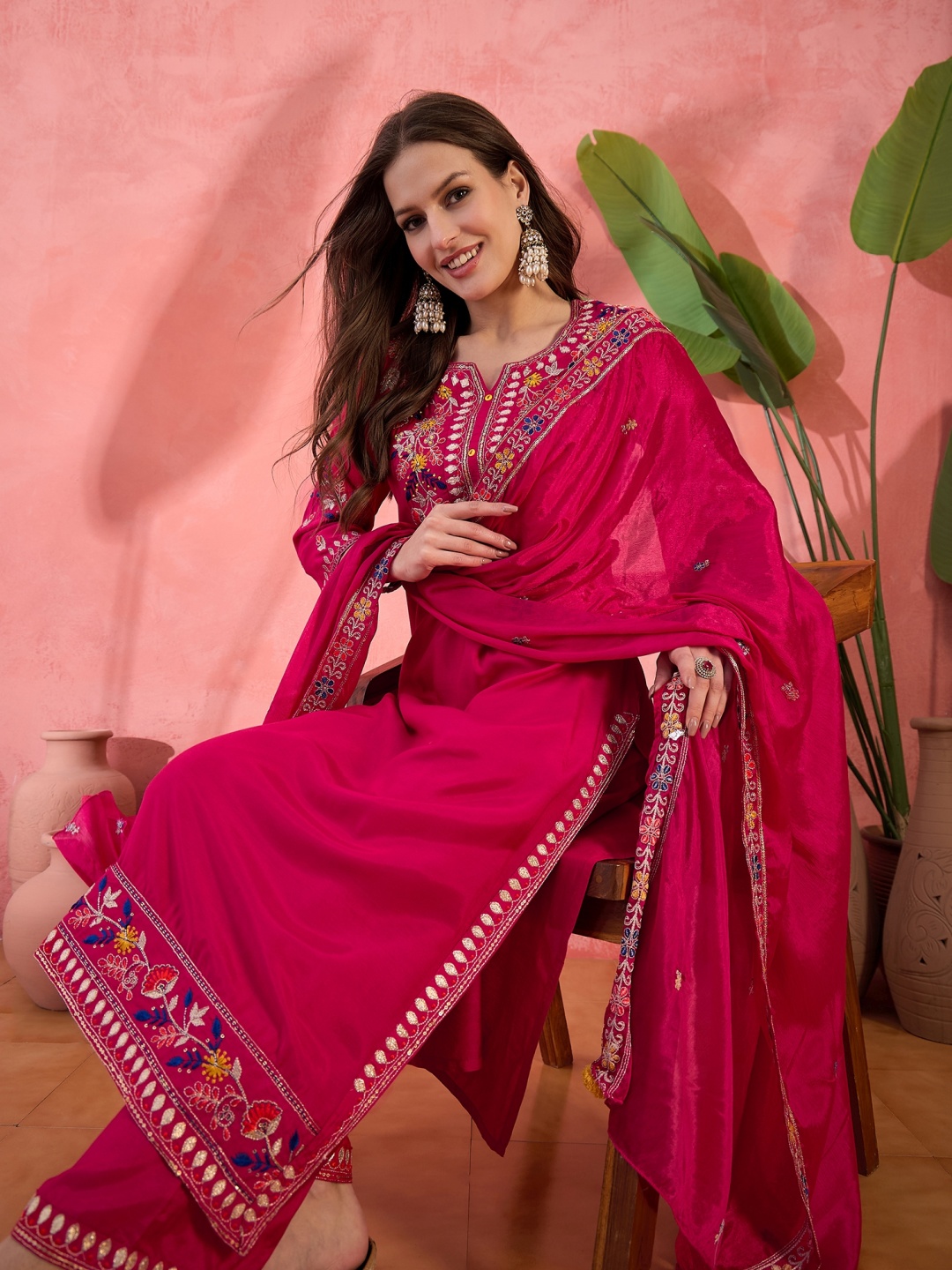 

Sangria Embroidered Kurta Palazzos With Dupatta, Pink