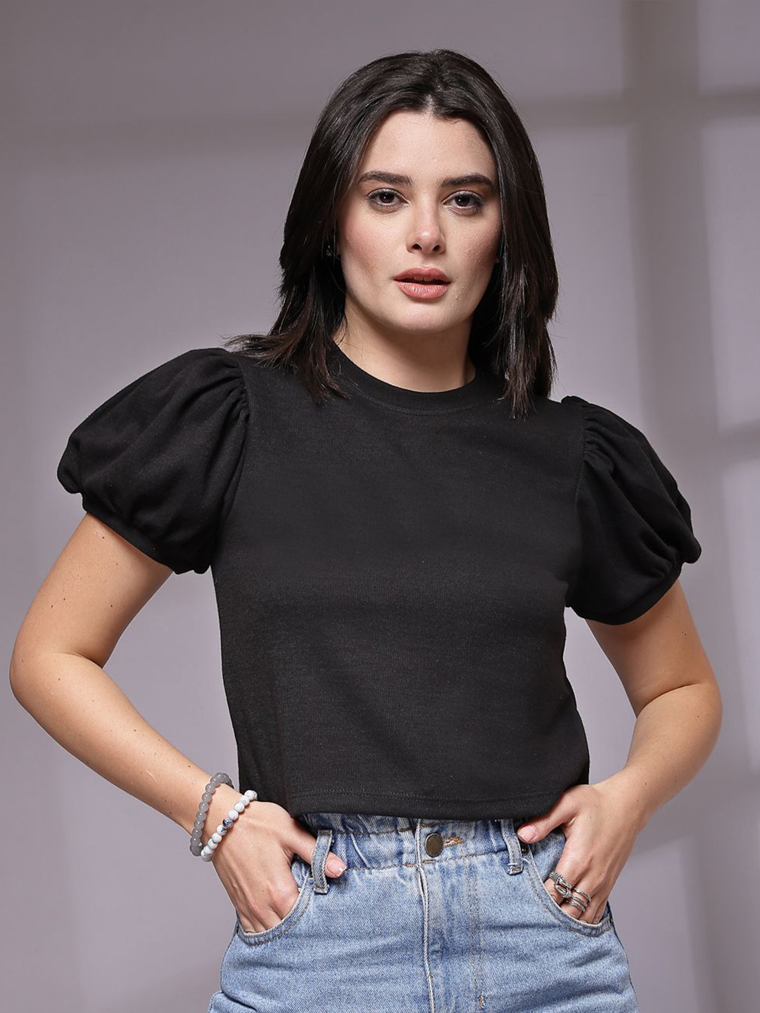 

KASSUALLY Puff Sleeve Cotton Top, Black