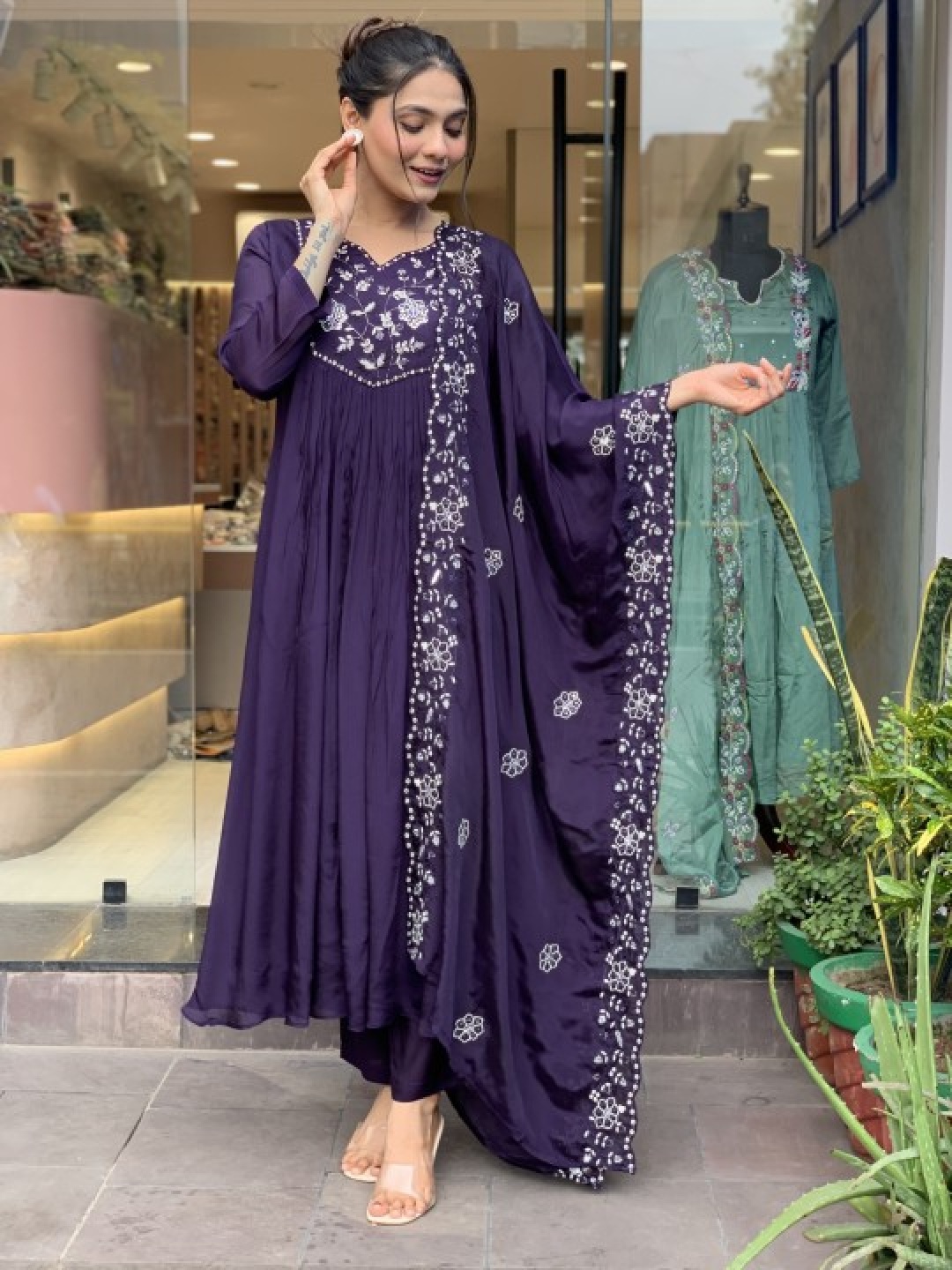 

KOTRONS Women Embroidered Regular Thread Work Silk Chiffon Kurta with Trousers & With Dupatta, Purple