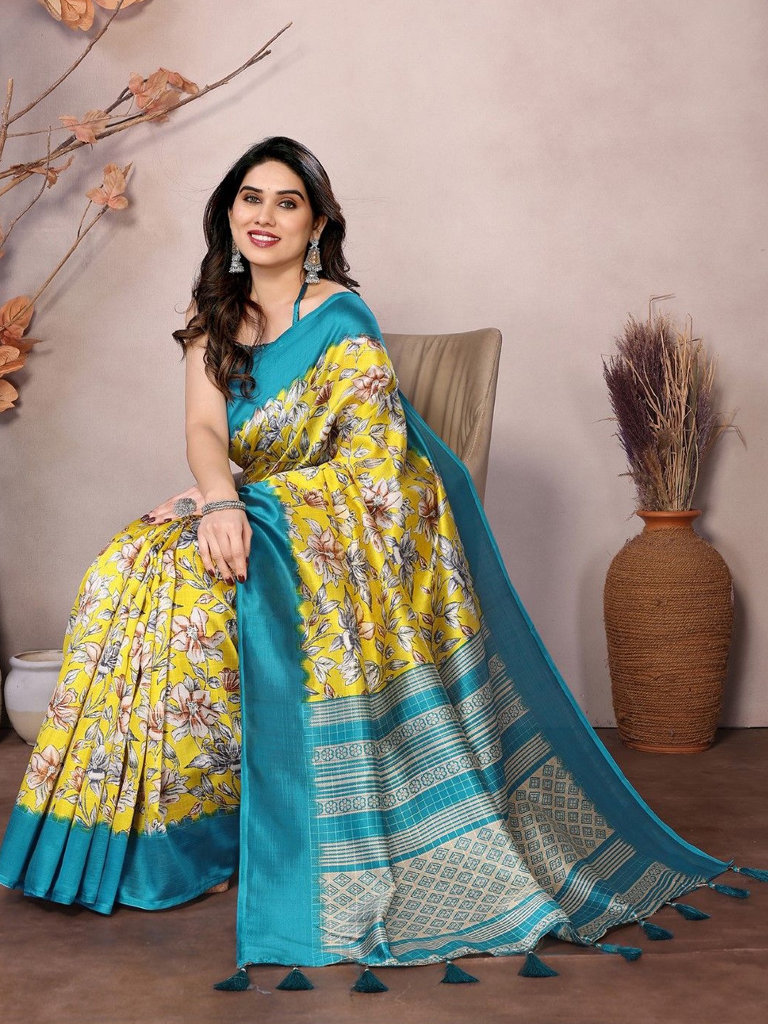 

KALINI Floral Art Silk Saree, Yellow