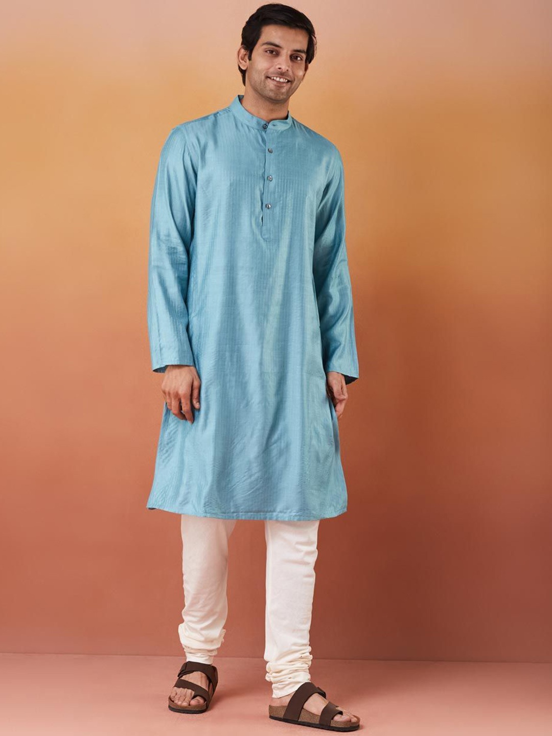 

Fabindia Striped Band Collar Straight Kurta, Blue