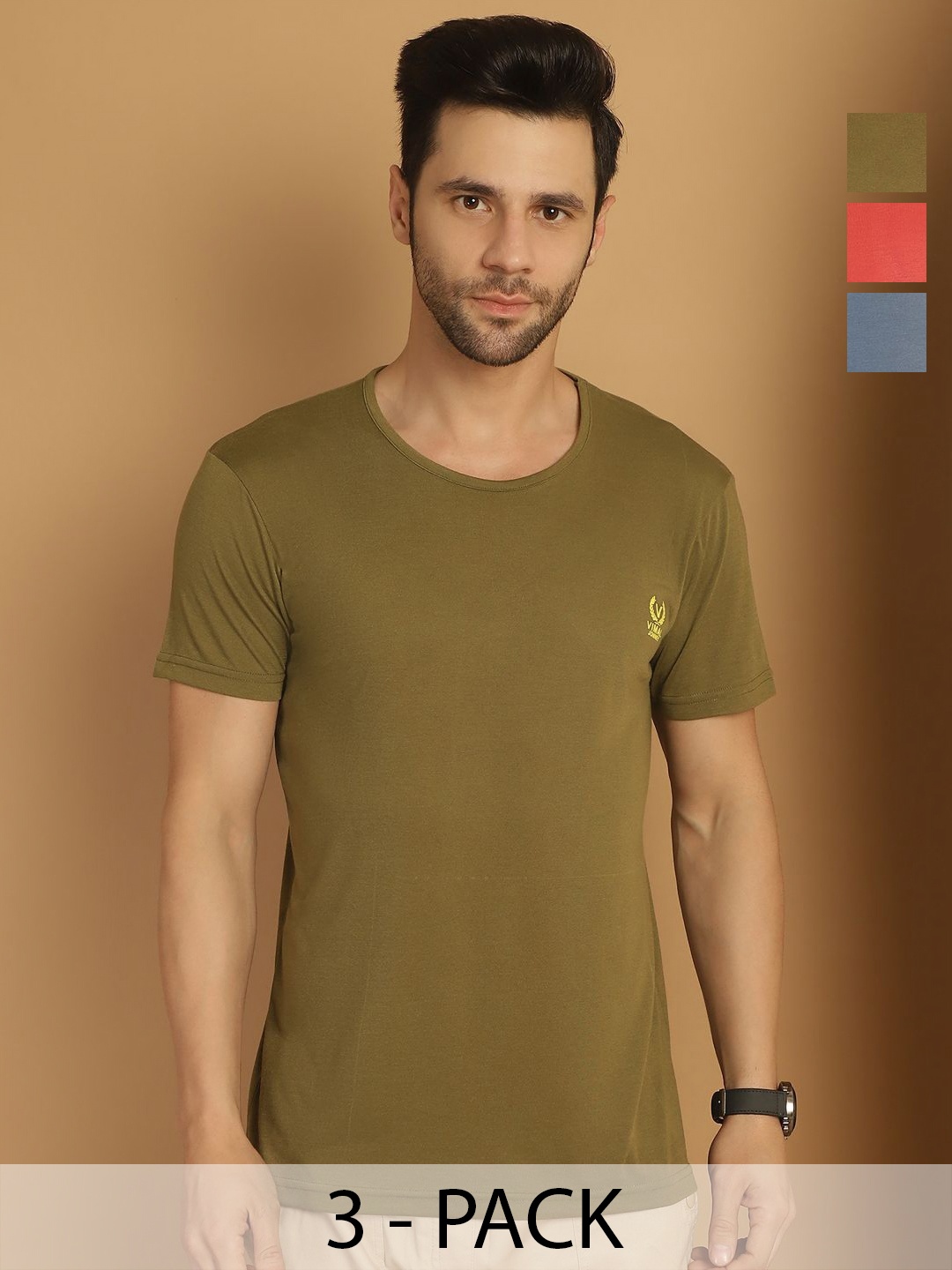 

VIMAL JONNEY Men Pack Of 3 Solid Round Neck Cotton T-shirts, Olive