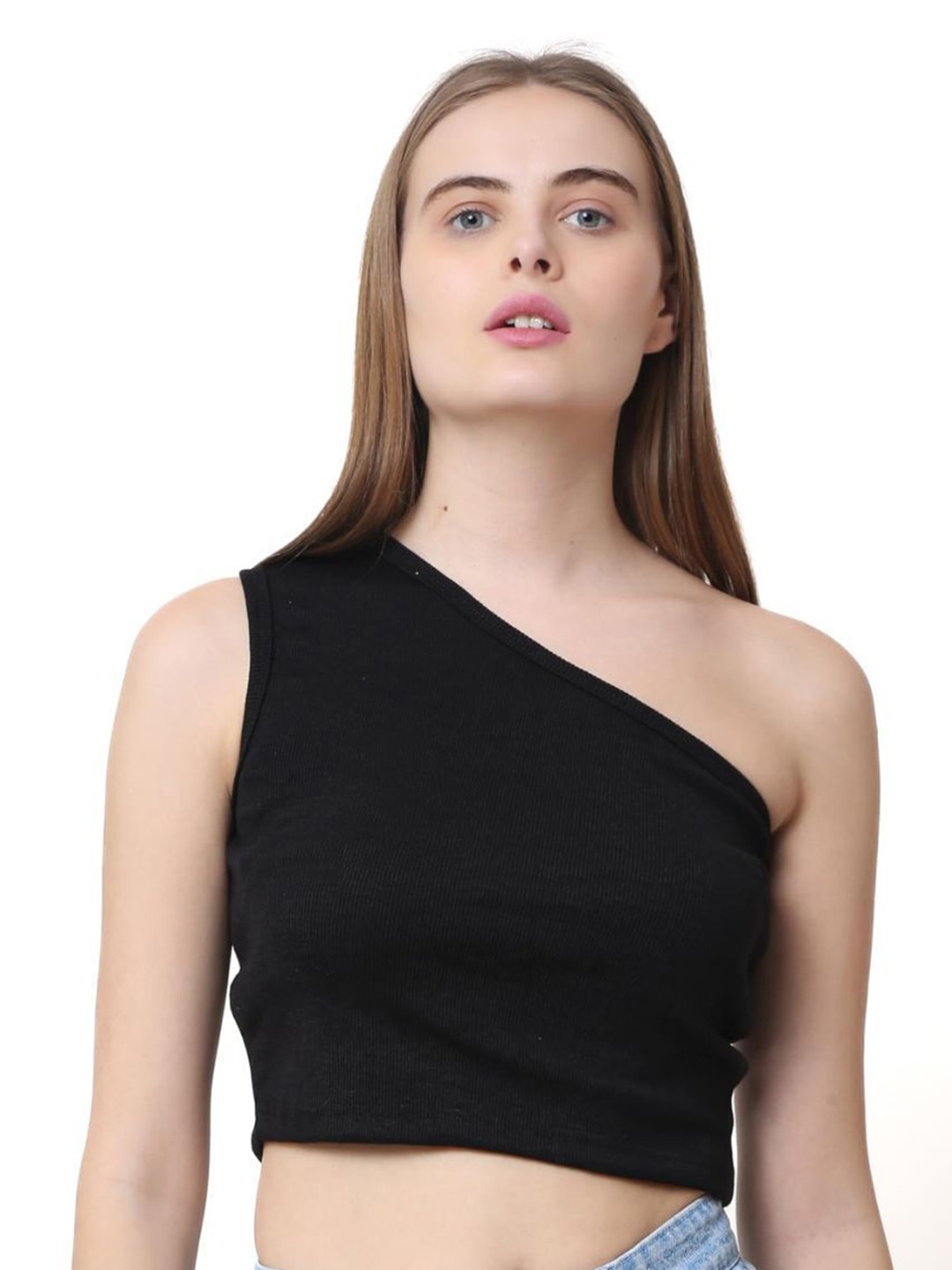 

Sizi Women Ribbed One Shoulder Fitted Crop Top, Black