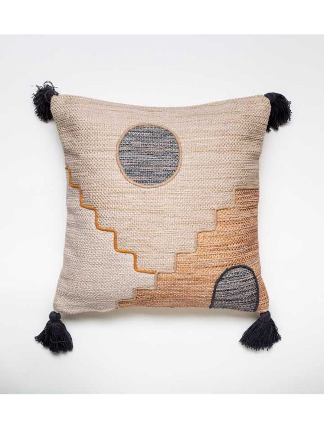 

Aura Beige & Brown Geometric Woven Design Square Shaped Tasselled Cushion Covers