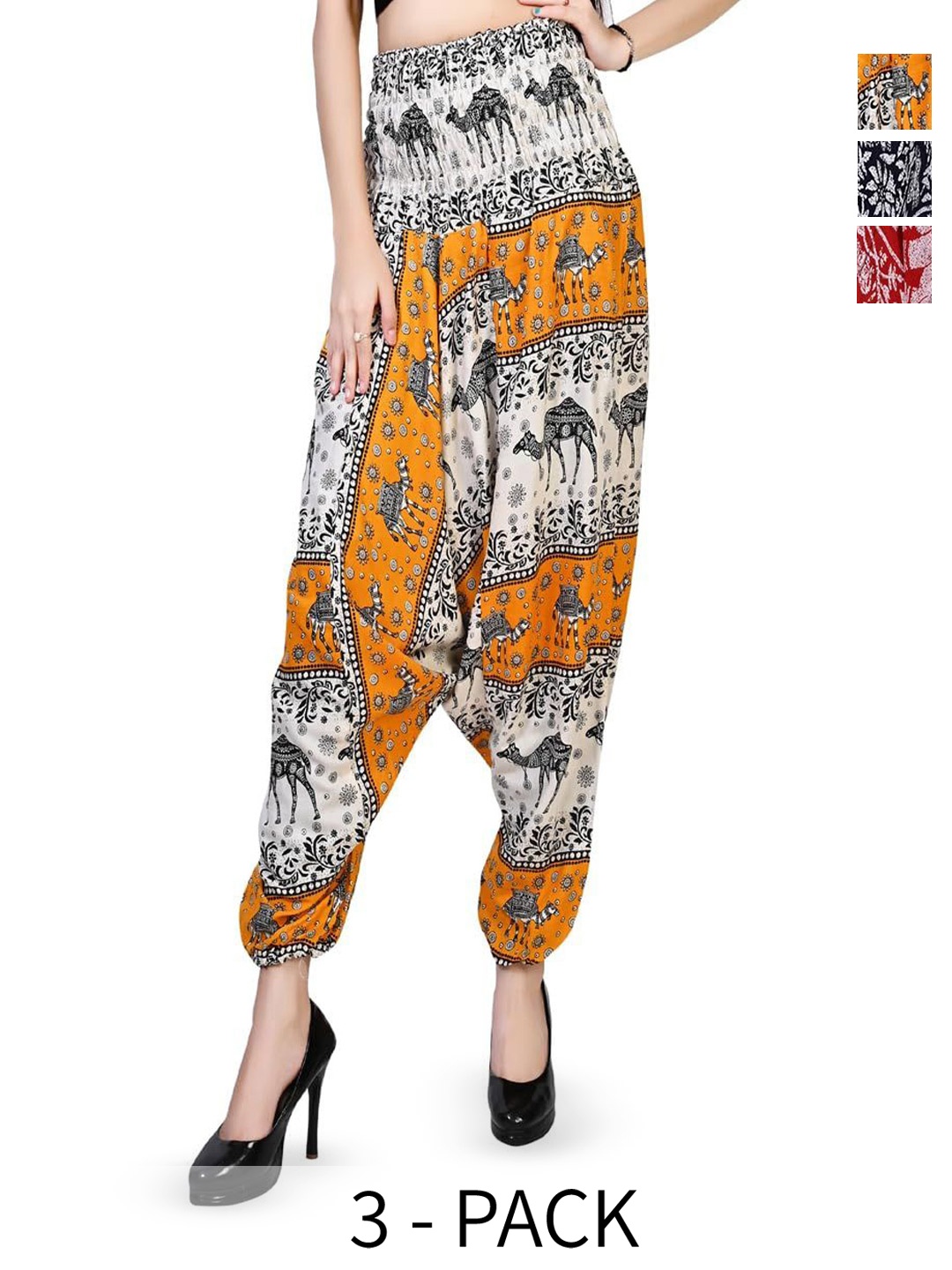 

NarNari Pack Of 3 Printed High-Rise Harem Pants, Black