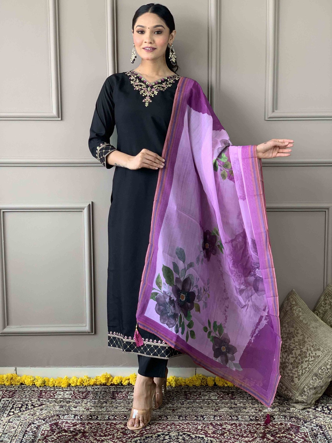 

Moda Rapido Women Embroidered Regular Thread Work Chanderi Silk Kurta with Trousers & With Dupatta, Black