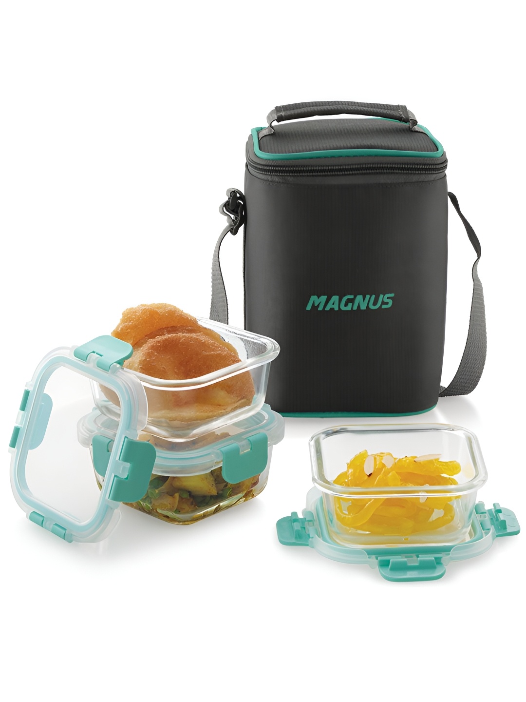 

Magnus Glock 3 Pieces Borosilicate Glass Lunch Box Containers With Bag 960ml, Green