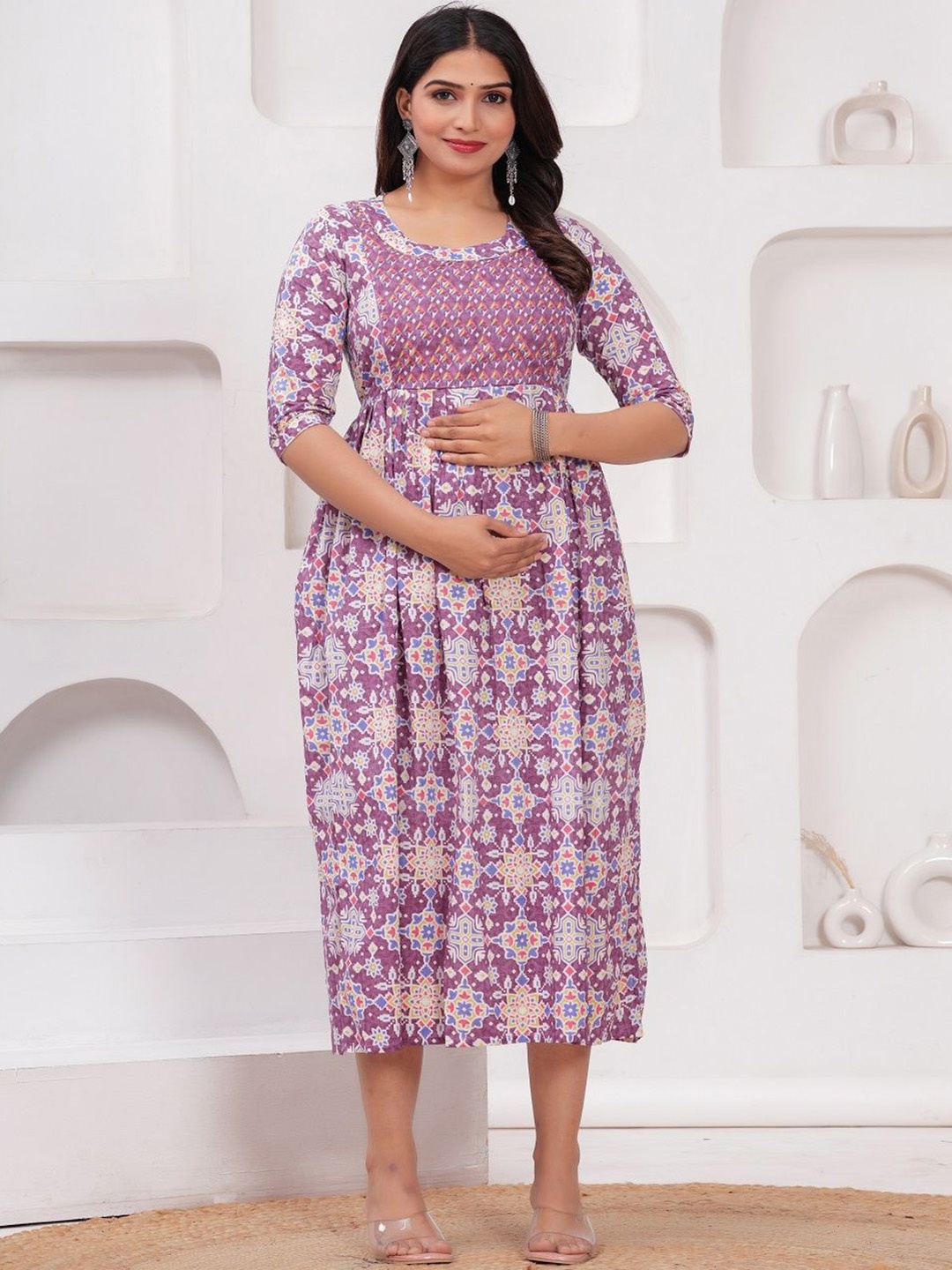 

Nevisha Style Women Floral Printed Thread Work Floral Maternity Anarkali Kurta, Purple