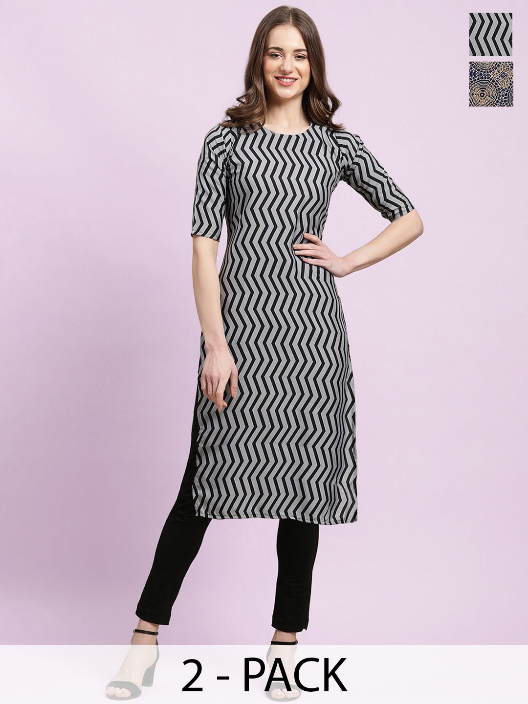 

Moda Rapido Grey & Blue Selection of 2 Geometric Printed Straight Kurtas