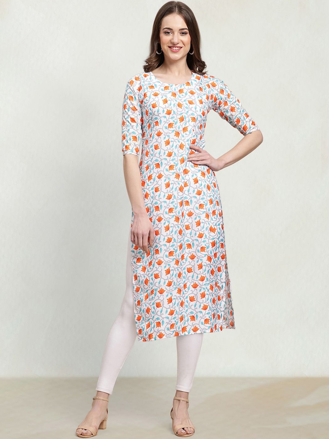 

Moda Rapido Floral Printed Round Neck Straight Kurta, White