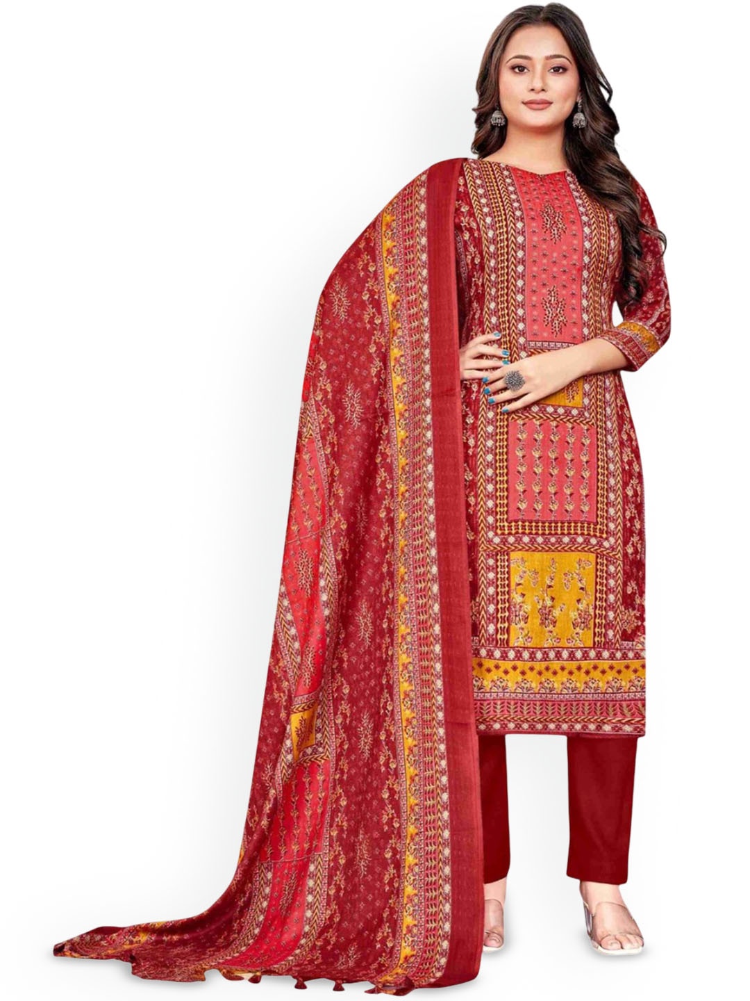 

DRAVINAM Trends Floral Printed Pashmina Unstitched Dress Material, Red