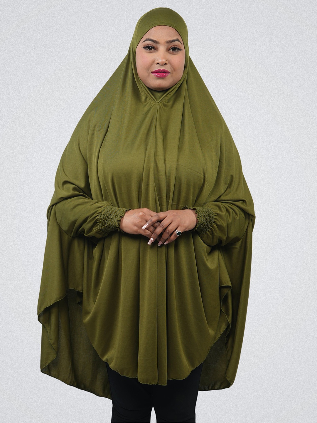 

URBAN KANYA Round Neck Solid Khimar With Adjustable Mouth Piece Hijab, Green