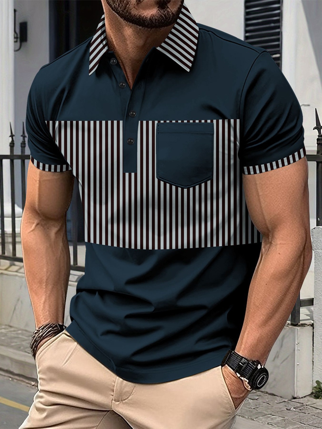 

StyleCast x Revolte Men Striped Polo Collar Raw Edge T-shirt, Navy blue