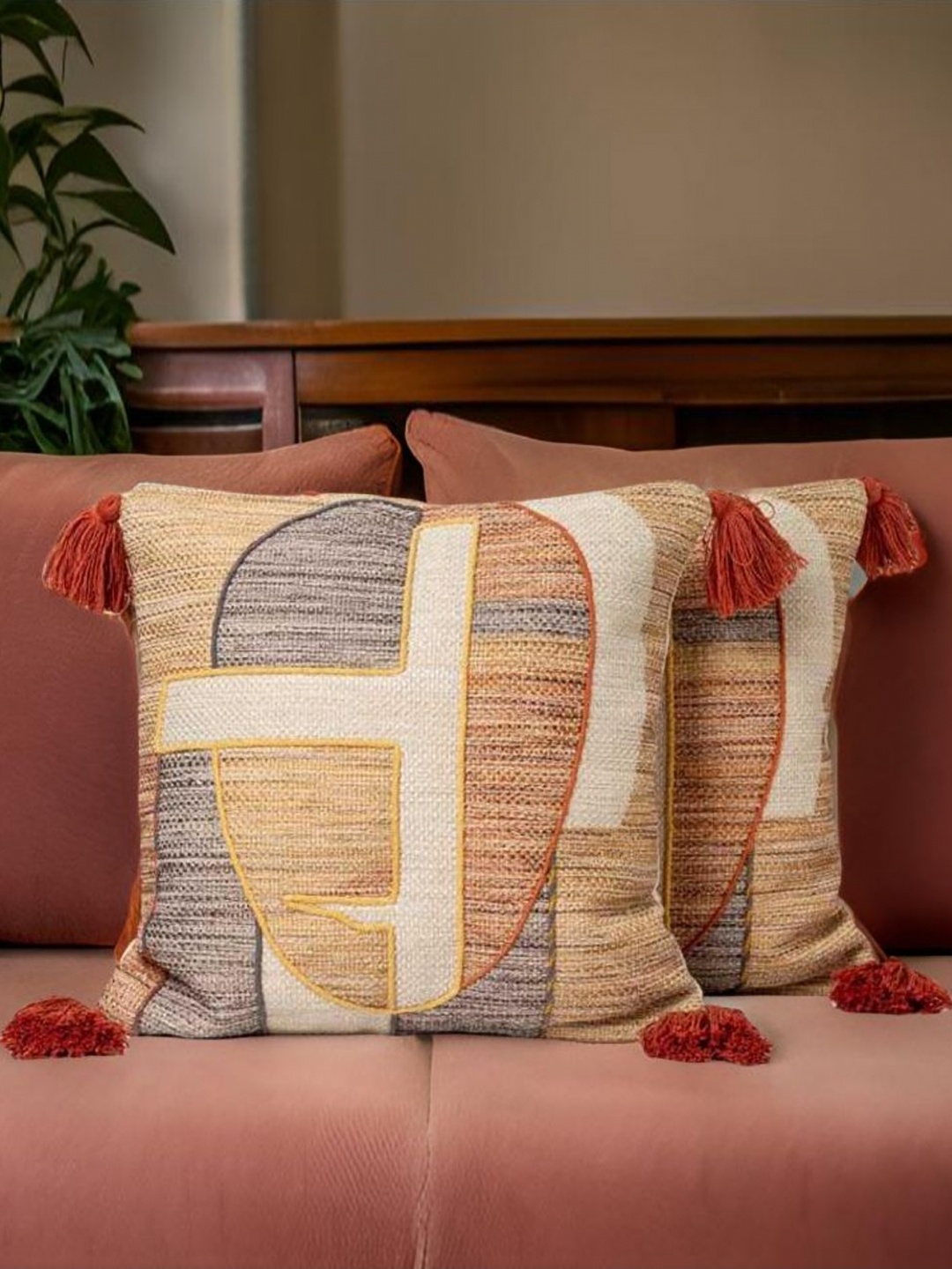 

Aura Brown & Beige 2 Pieces Geometric Embroidered Square Cushion Covers