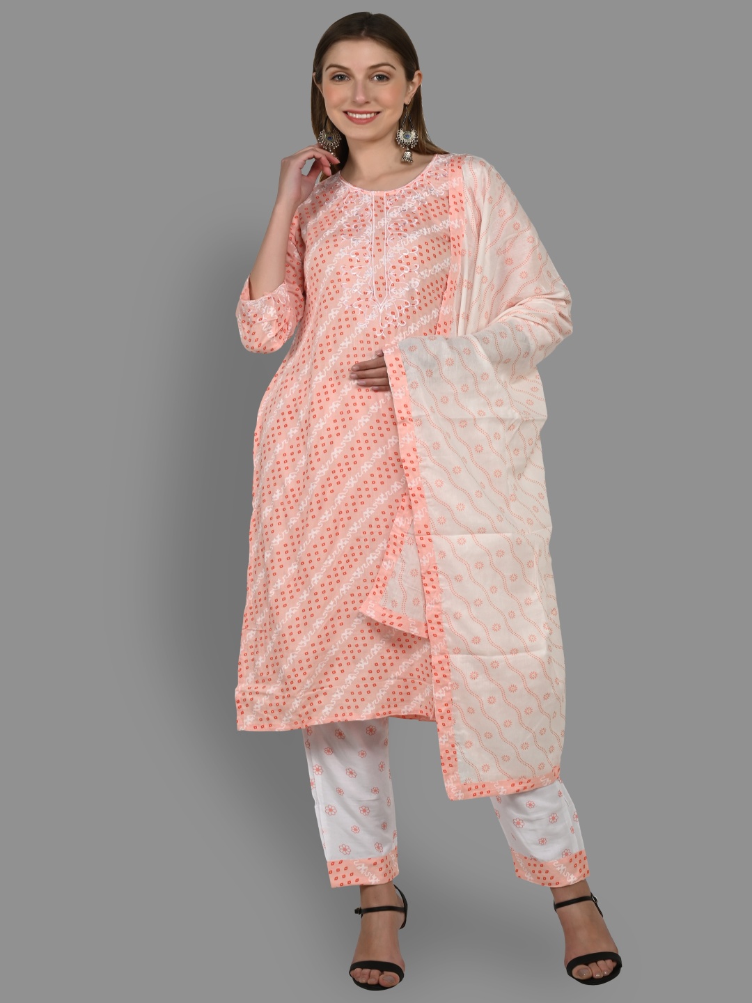 

Moda Rapido Textured Printed Straight Thread Work Kurta With Trousers And Dupatta, Peach