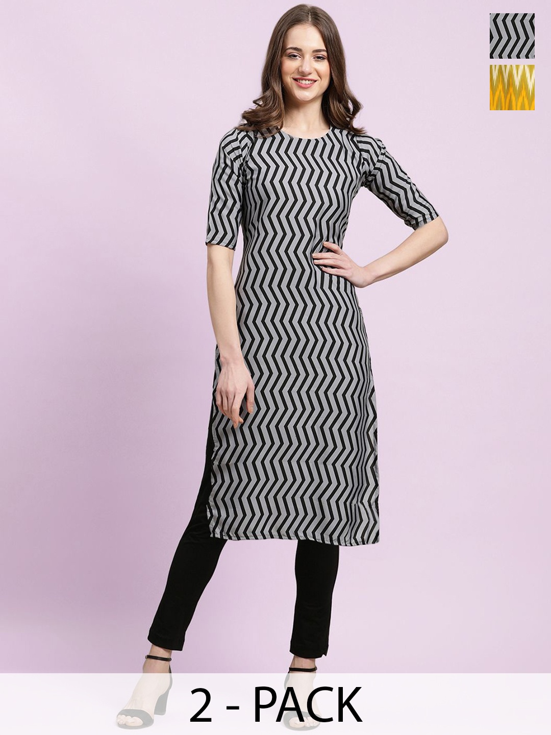 

Moda Rapido Grey Selection of 2 Geometric Printed Straight Kurtas