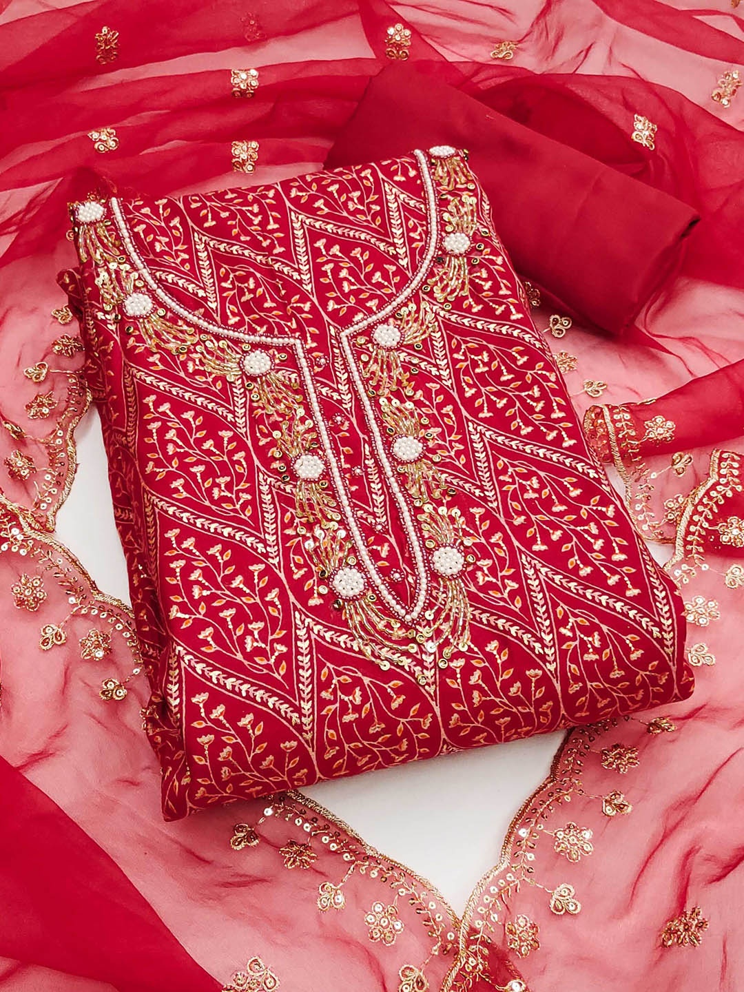 

KALINI Printed Pure Silk Unstitched Dress Material, Red