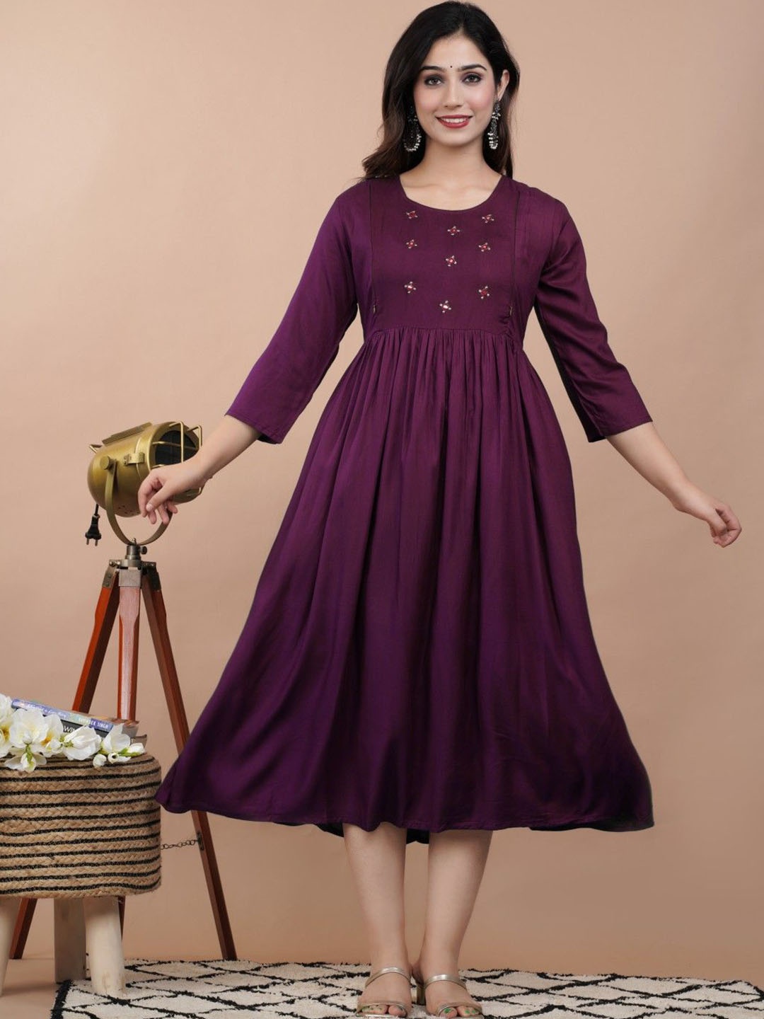 

TROPWEAR Round Neck Floral Embroidered Maternity Fit And Flare Ethnic Dresses, Purple