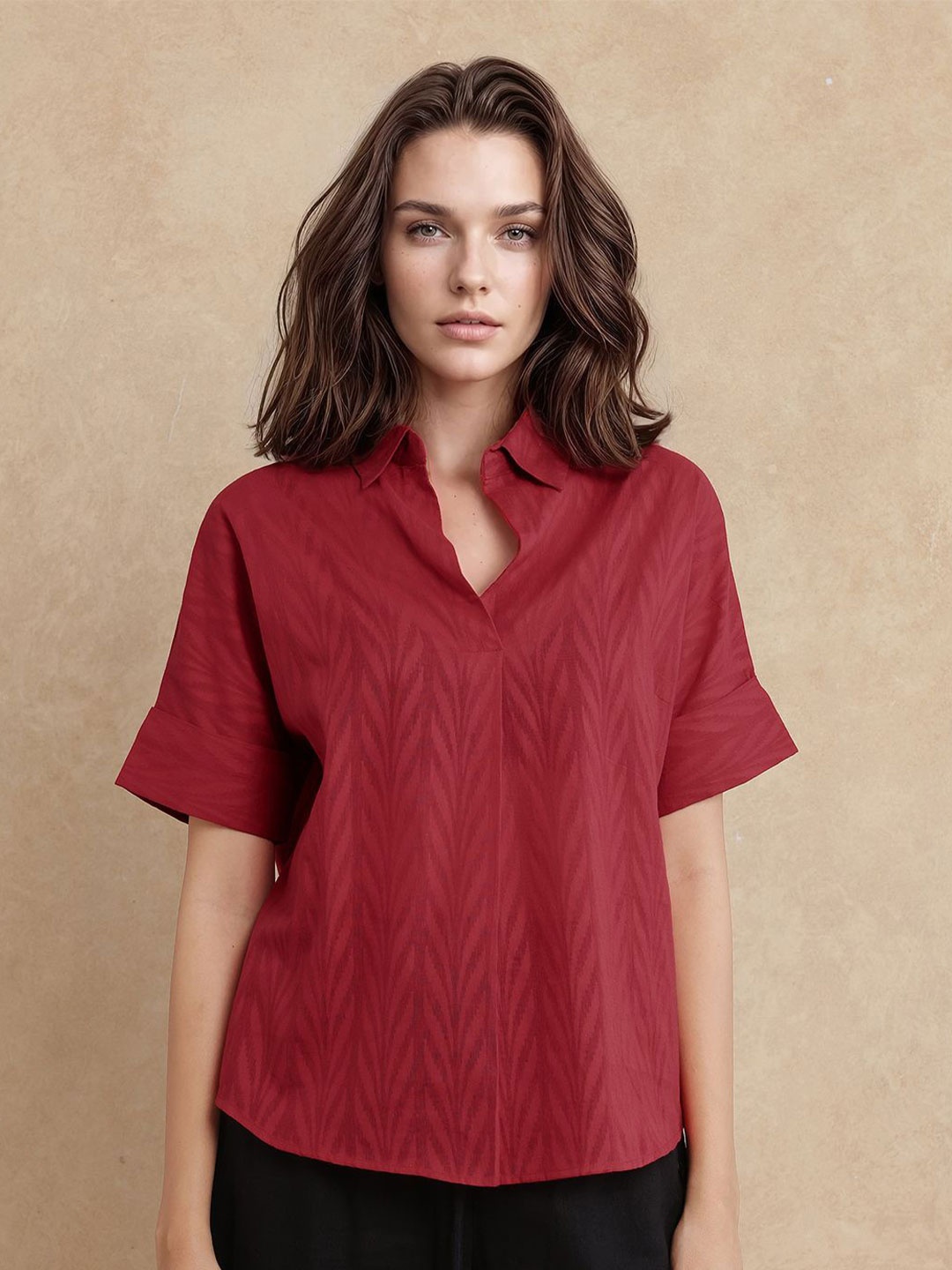 

RAREISM Extended Sleeves Cotton Shirt Style Top, Red