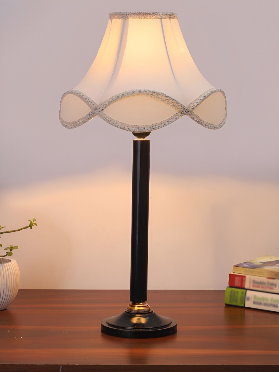 

Devansh Off White Wooden Frustum Shaped Table Lamp