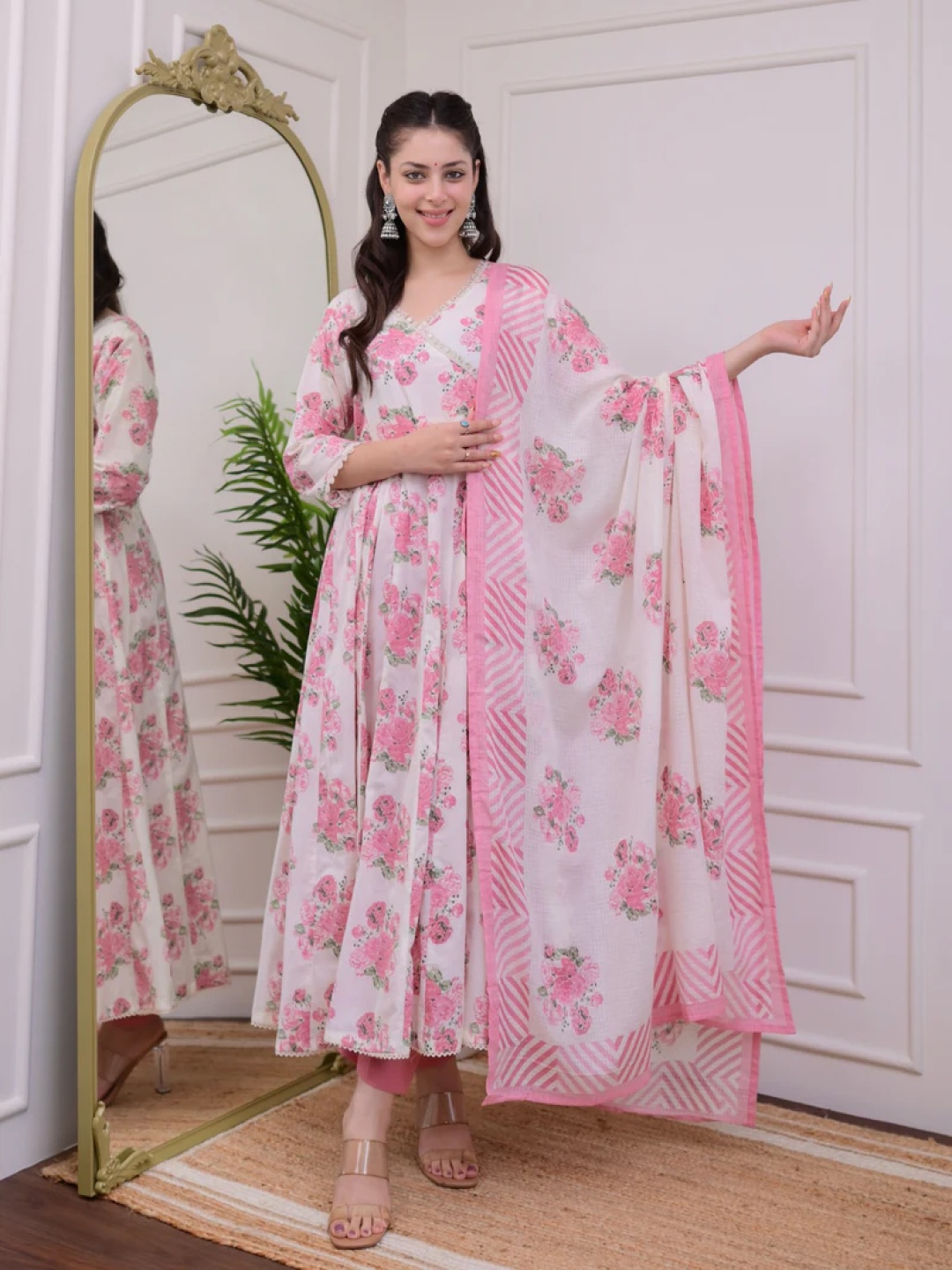 

Moda Rapido Floral Printed V-Neck Anarkali Pure Cotton Kurta With Trousers & Dupatta, Pink