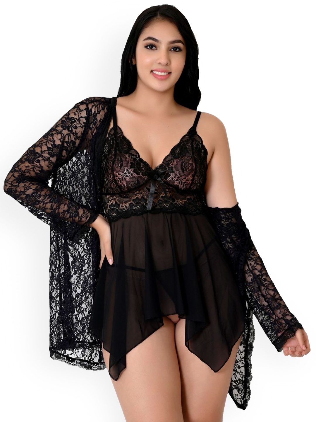 

Fihana Women Self Design Baby Doll with Robe, Black