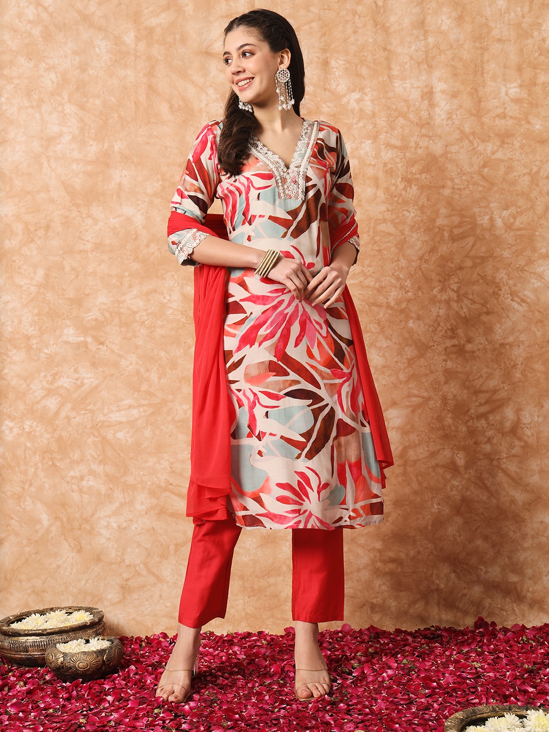 

Moda Rapido Floral Embroidered V-Neck Mirror Work Straight Kurta With Trouser And Dupatta, Red