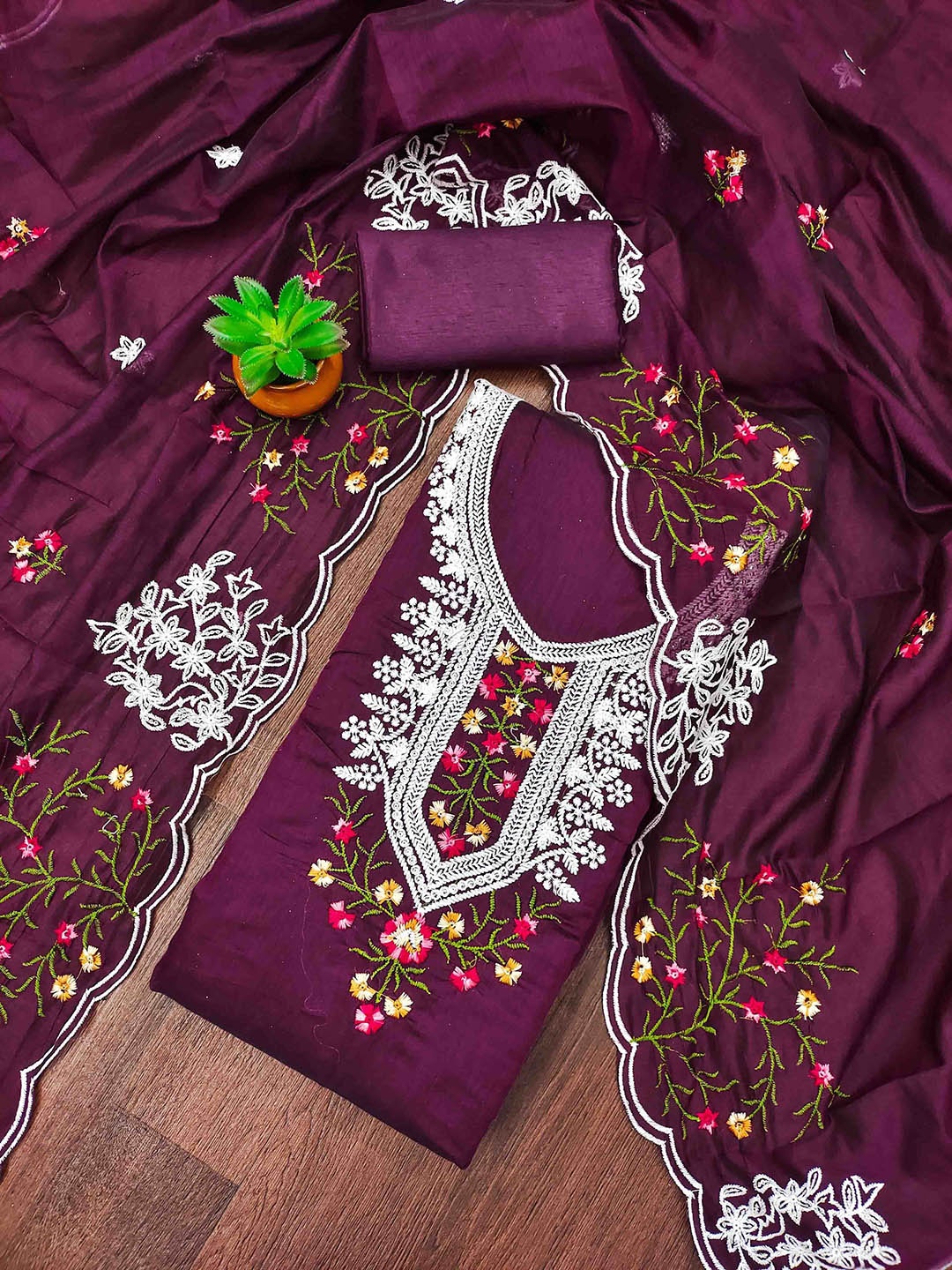 

KALINI Chanderi Cotton Embroidered Dress Material, Purple