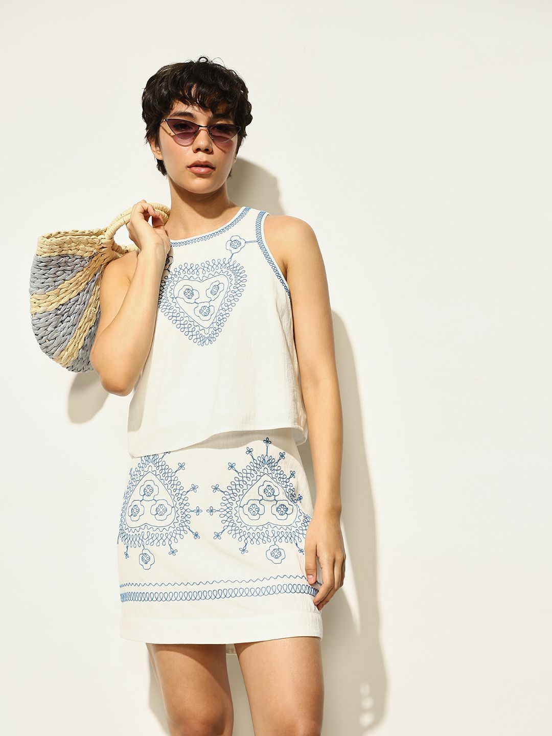 

ONLY Embroidered Cotton Tank Crop Top, White