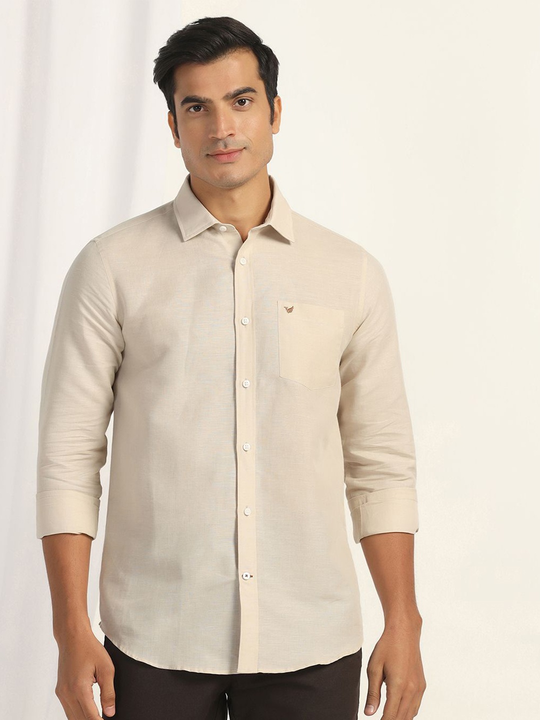 

Blackberrys Men India Slim Fit Spread Collar Solid Linen Casual Shirt, Beige