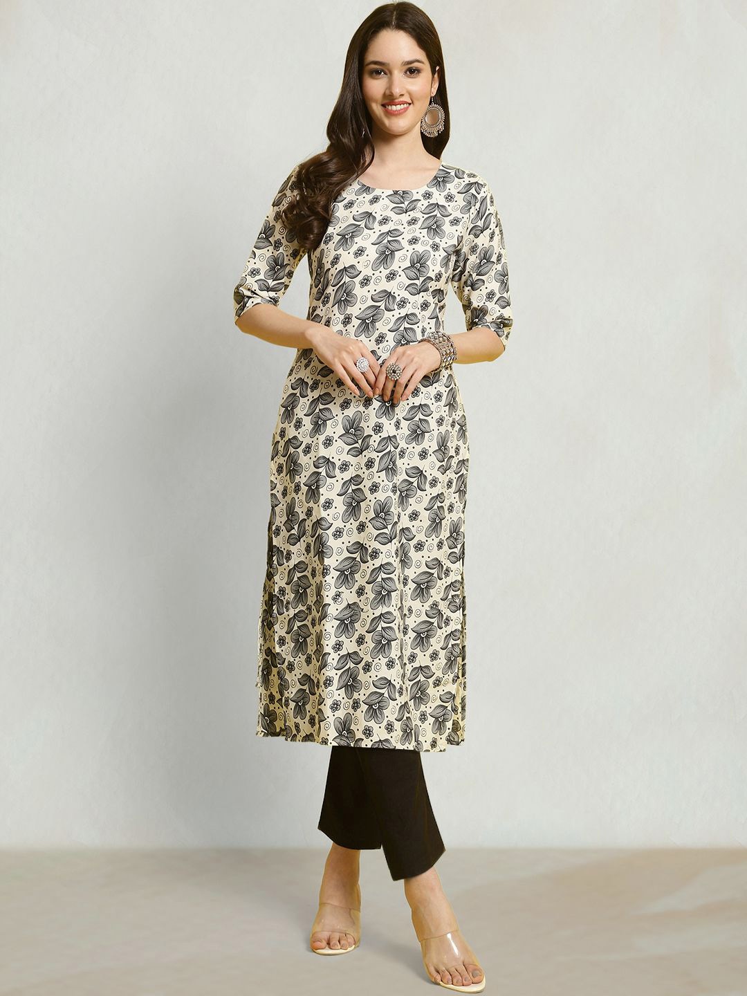 

Moda Rapido Floral Printed Round Neck Straight Kurta, Cream