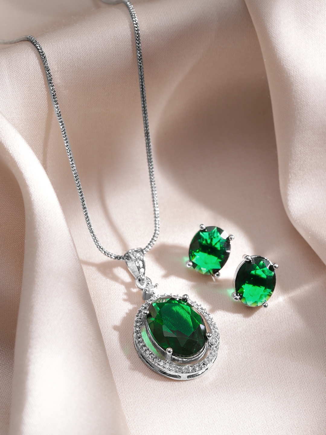 

Rubans Rhodium-Plated Emerald & CZ Studded Jewellery Set, Silver