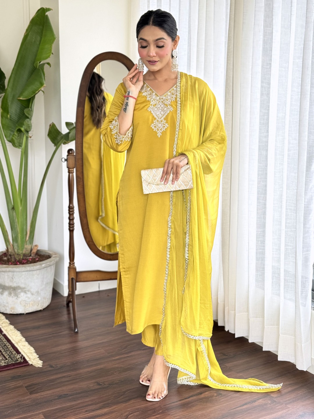 

Moda Rapido Floral Embroidered Thread Work Straight Kurta With Trousers And Dupatta, Yellow