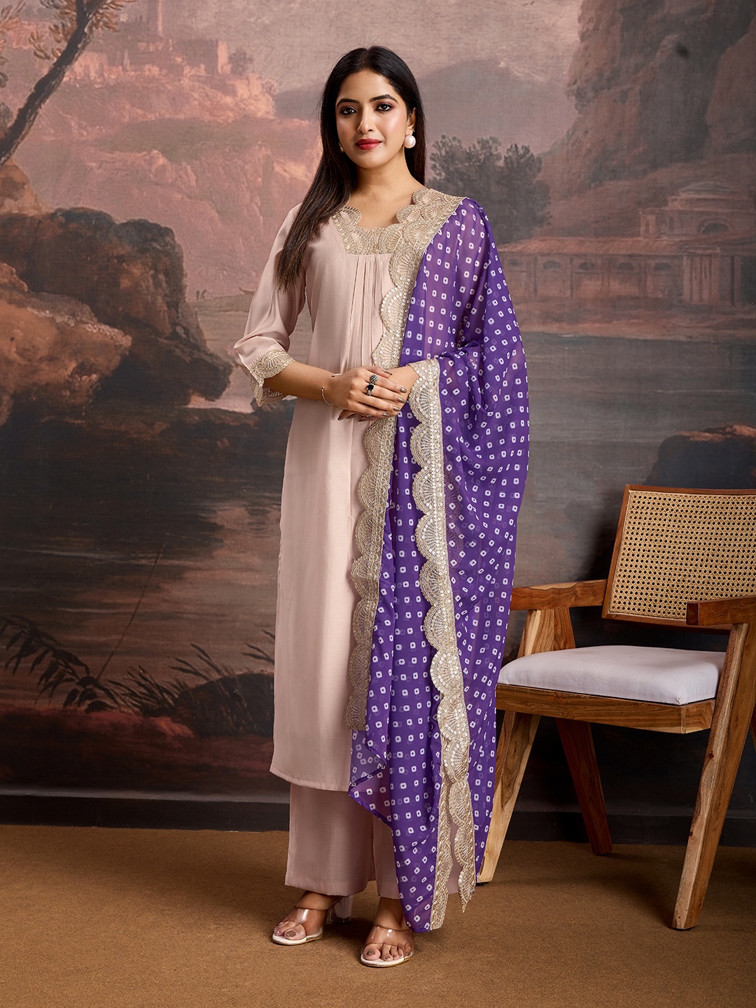 

Sangria Embroidered Kurta Trousers & Dupatta, Peach