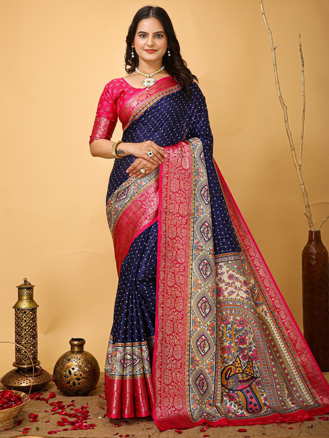 

Anouk Rustic Checked Zari Silk Blend Sungudi Saree, Navy blue