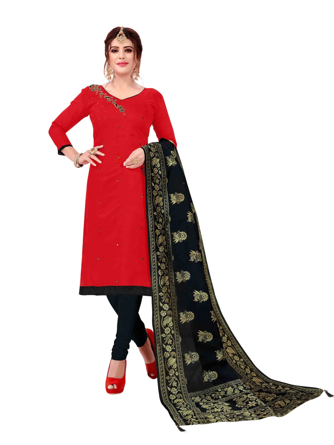 

HERE&NOW Floral Embroidered Unstitched Dress Material, Red