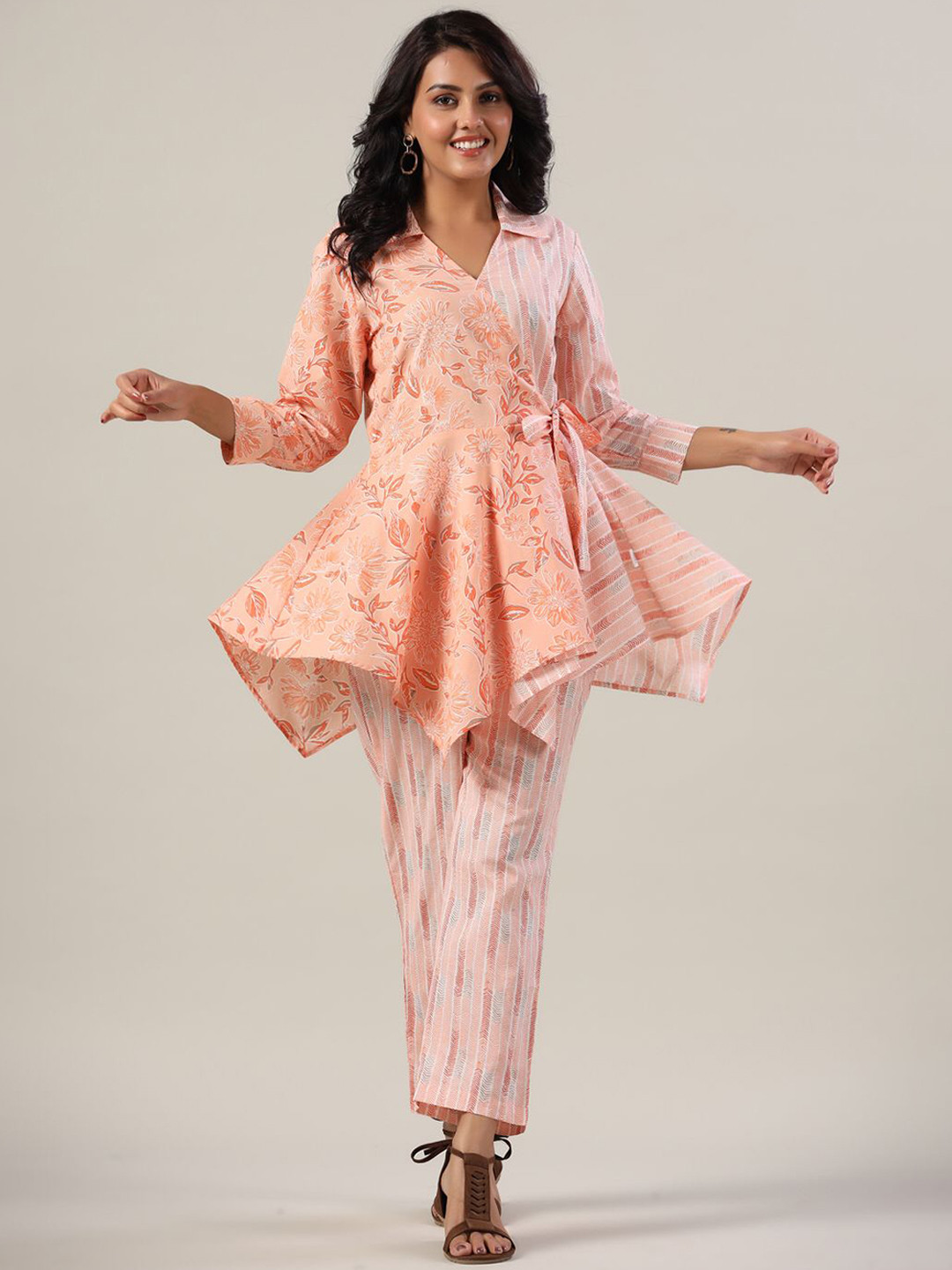 

JISORA Floral Printed Cotton Top & Trousers Co-Ords Set, Peach