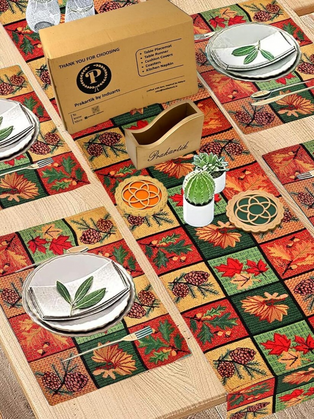 

PRAKARTIK 8-Pcs Green & Red Printed Table Placemats&Coasters