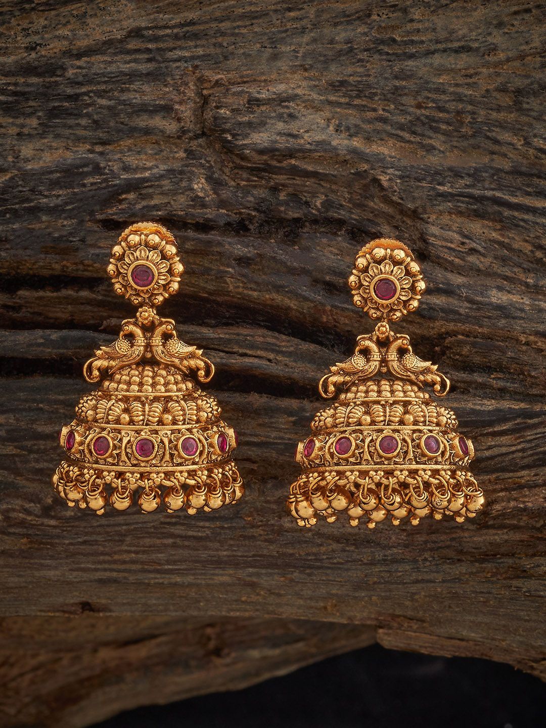 

Kushal's Fashion Jewellery Ruby Gold-Plated Dome Shaped Antique Jhumkas Earrings