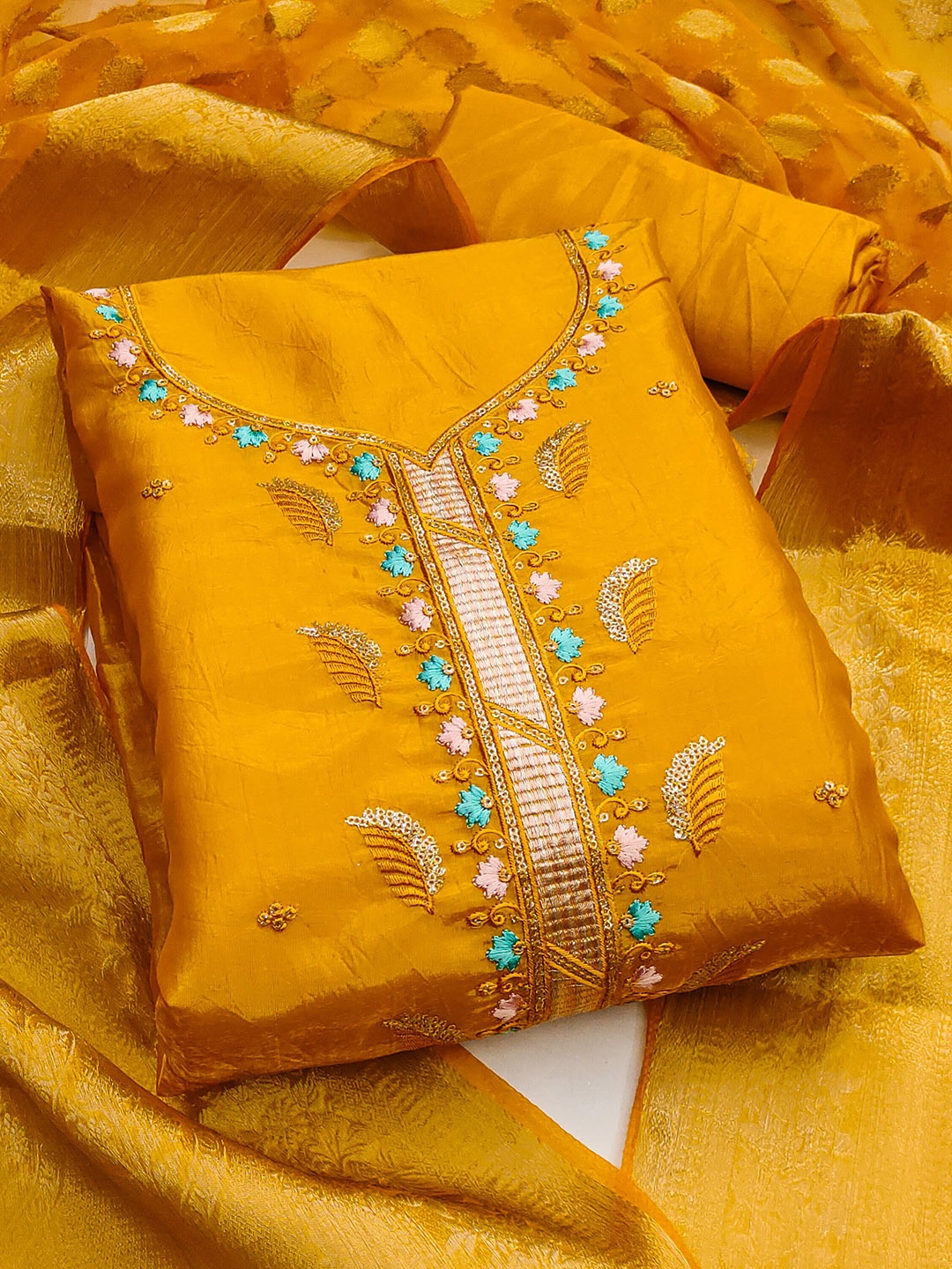 

KALINI Embroidered Pure Silk Unstitched Dress Material, Yellow