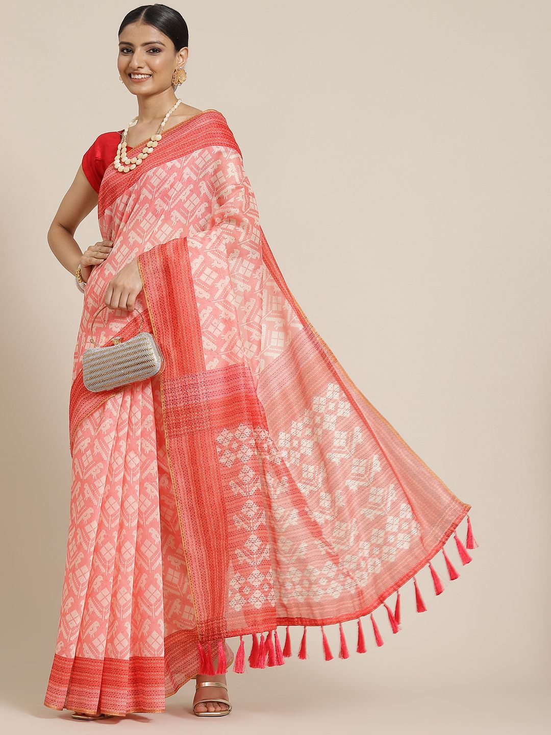 

DIVASTRI Digital Printed Kalamkari Chanderi Cotton Saree With Tassels, Pink