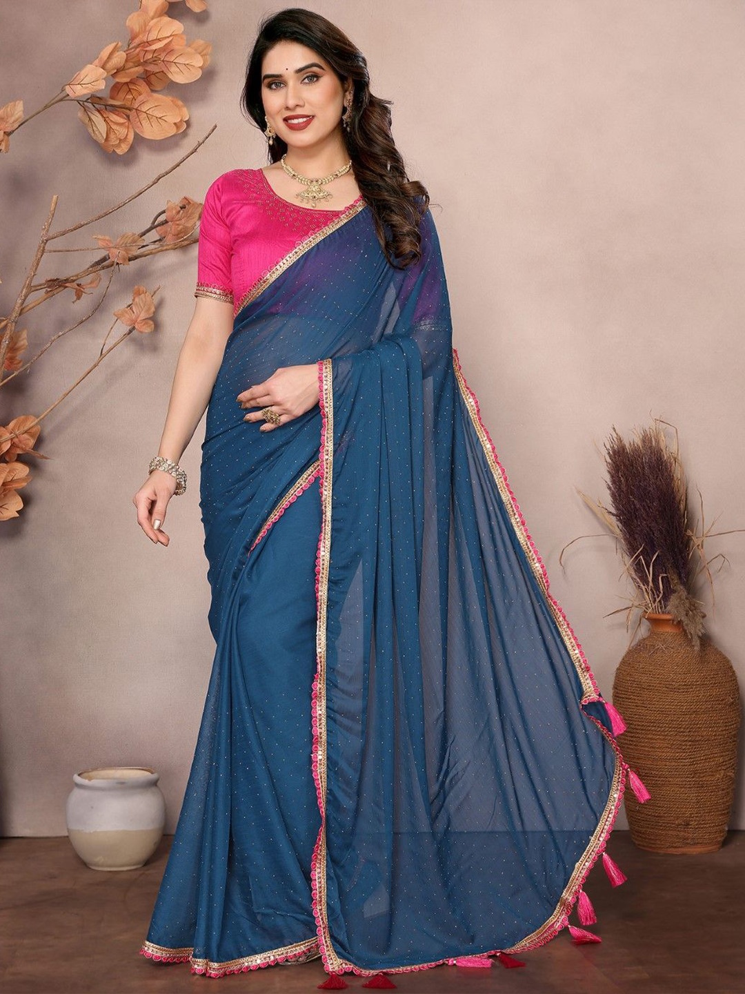 

KALINI Polka Dot Sequinned Poly Georgette Saree, Blue