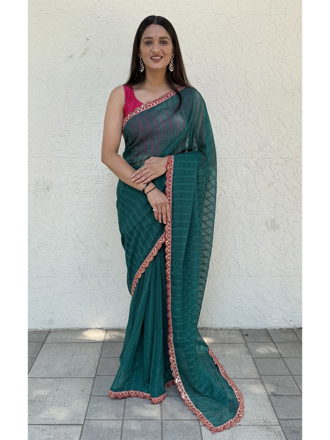 

Aika Striped Sequinned Pure Chiffon Saree, Teal