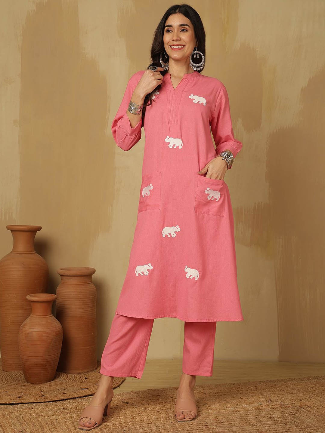 

Sangria Pink Animal Printed Mandarin Collar Pure Cotton A-line Kurta With Trousers