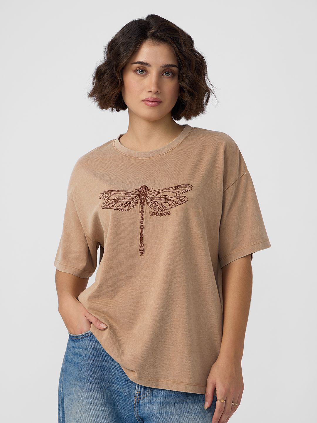 

The Souled Store Oversized Typography Embroidered Cotton T-Shirt, Brown