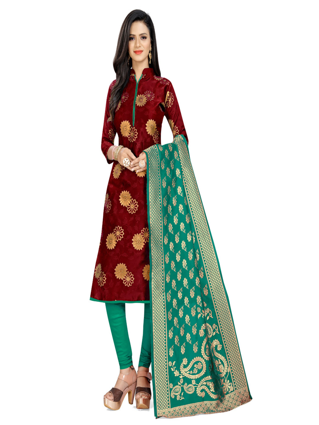 

HERE&NOW Floral Printed Woven Design Unstitched Dress Material, Maroon