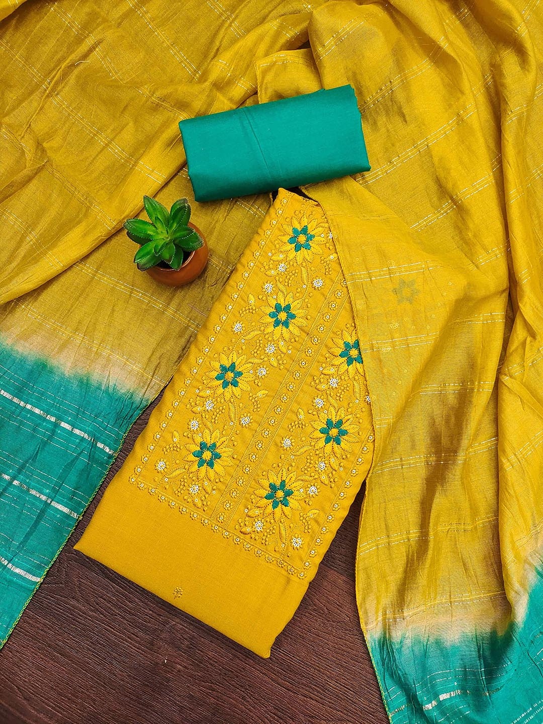 

KALINI Embroidered Unstitched Dress Material, Yellow