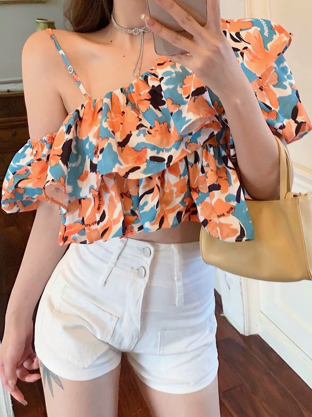 

MADE FOR HER LABEL Print Flared Sleeve Blouson Top, Orange