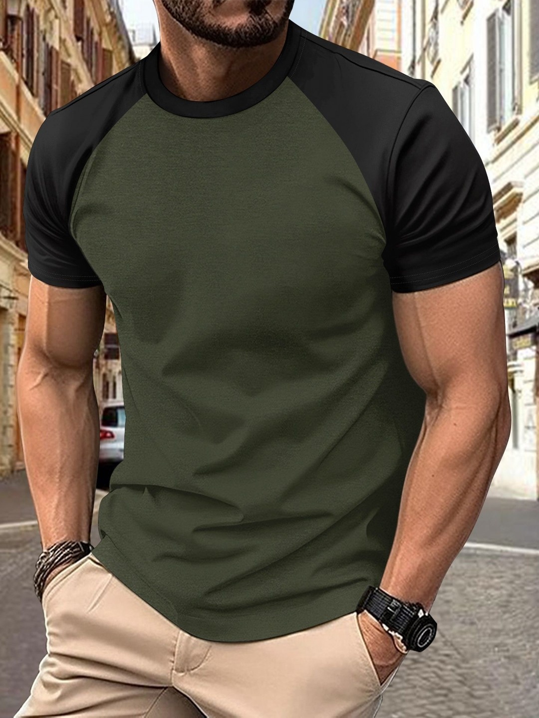 

StyleCast x Revolte Men Striped Raw Edge T-shirt, Green
